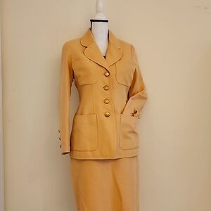 RARE! Chanel 2Pc Jacket Blazer Skirt Set Gold CC Stamped Buttons FR 38 US M